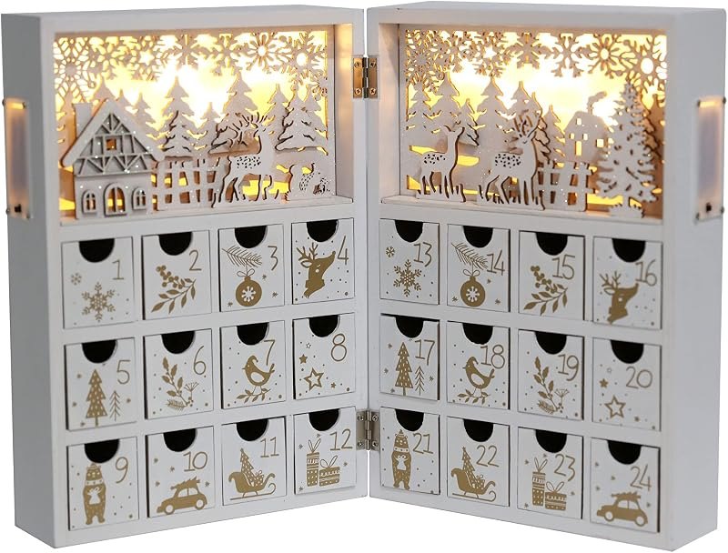 Christmas Wooden Advent Calendar Book with LEDs White & Gold Christmas Reindeer Countdown Holiday Gifts with 24
