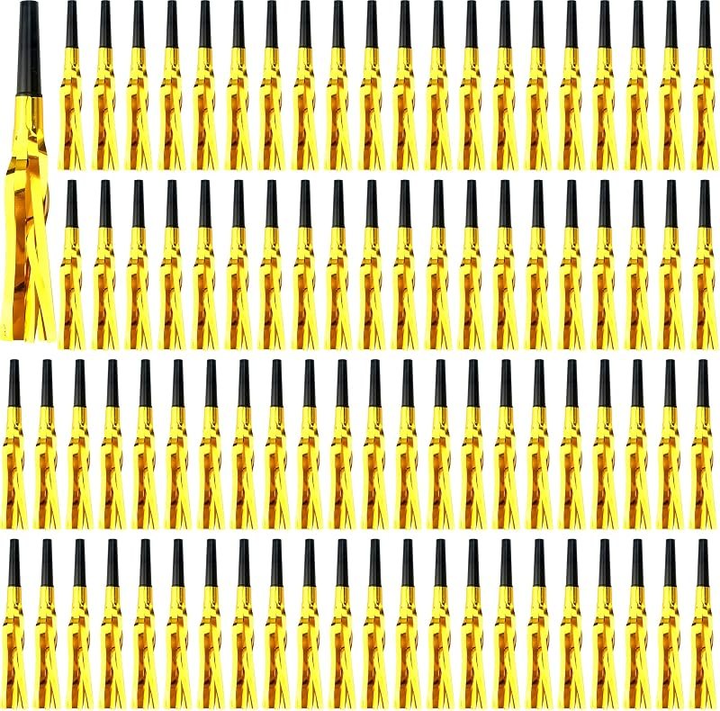 102 Pieces Glitter Gold Fringed Noise Maker Musical Blow Outs Musical Blowouts whistle Party Blow Horns for Kids