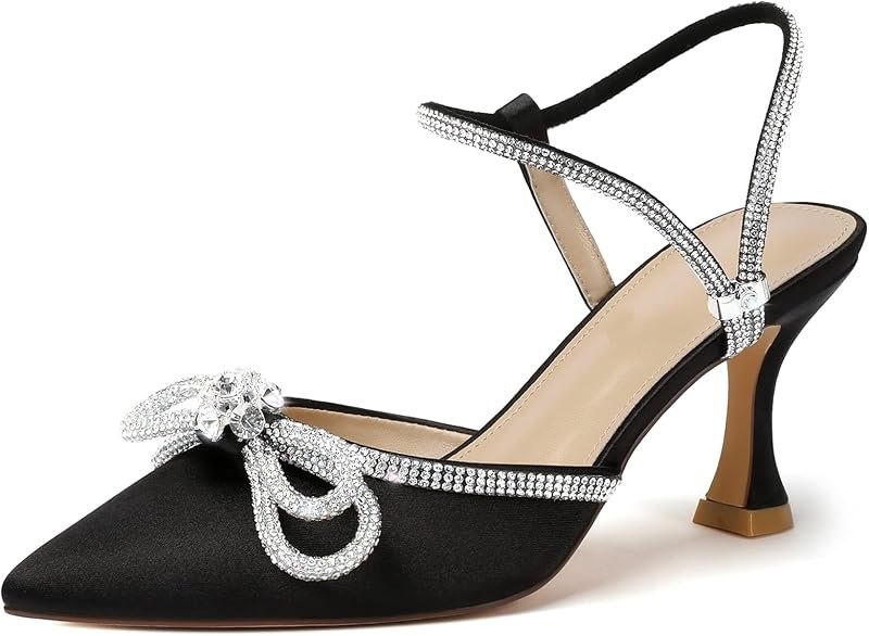 Women's Closed Toe Rhinstone Wedding Low Heel Slingback Clear Kitten Heels,Adjustable Strap Pointed Toe Bow Pumps High