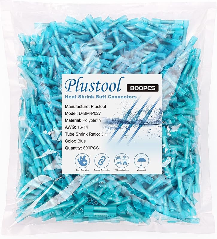 800PCS Blue Heat Shrink Butt Connectors AWG16-14, Plustool Marine Grade Electrical Wire Connectors, Tinned Red Copper