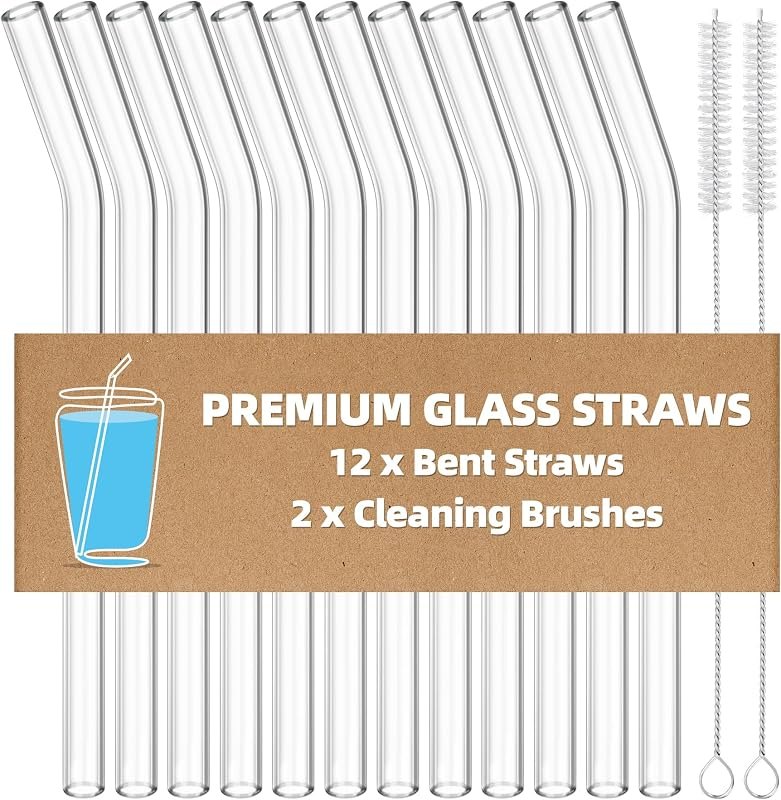 Antner 12 Pack Reusable Glass Straw, 8.5" x 10MM Bent Clear Glass Drinking Straws for Hot & Cold Drinks, 2 Cleaning