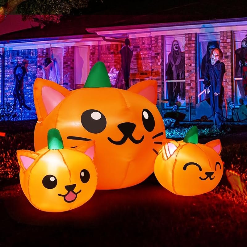 Halloween Inflatable 5FT Long Three Pumpkin Cat Head Combo with Built-in LEDs, Blow Up Yard Decoration for Holiday