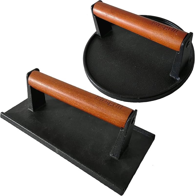 Firsgrill Burger Press 7.08" Round & 8.3”X4.3”Rectangle Heavy-Duty Cast Iron Smash Meat Steak With Wood Handle for