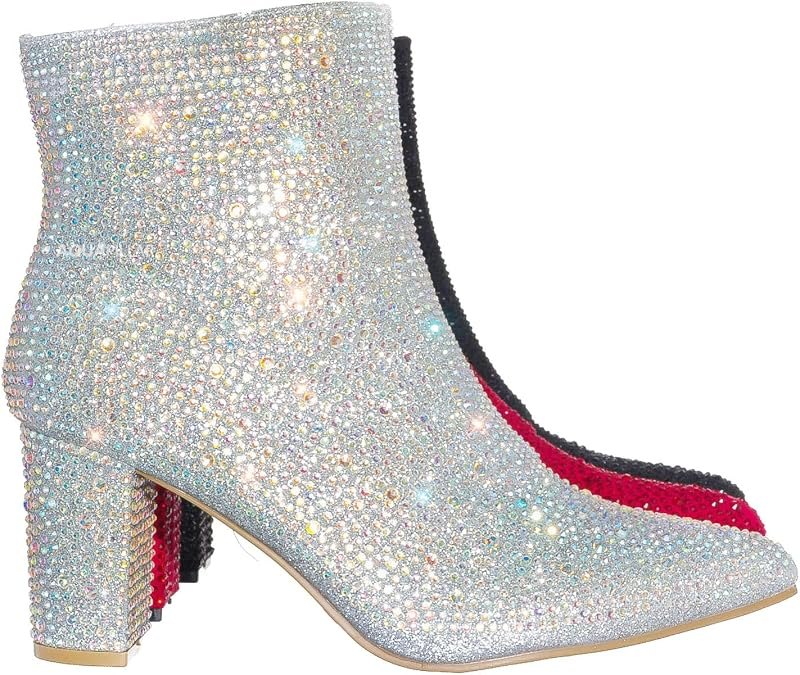 Women Rhinestone Block Chunky Heel Ankle Bootie Iceberg 12 By shoes Silver 9 — block heel booties for block heel booties