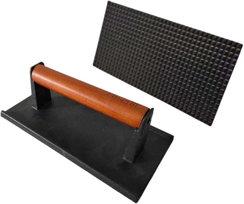 Firsgrill 8.3"×4.3" Heavy-Duty Cast Iron Grill Press and Steak Weight with Cool-Touch Comfort-Grip Wood Handle - BBQ