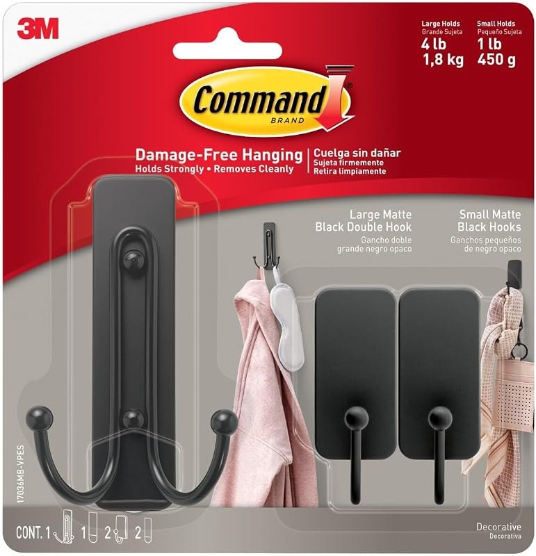 Large Black Double Hooks, 3 Hooks, 3 Strips — household command hooks for household command hooks