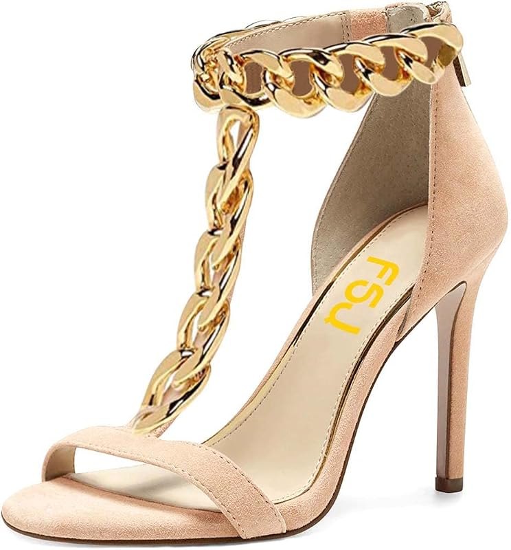 Women Open Toe Ankle Straps Sandals High Heels Pumps Stilettos T-Straps Golden Metal Chains Zipper Wedding Party Sexy