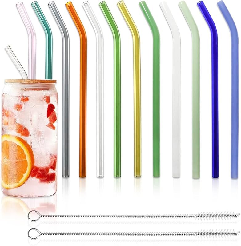 12 Pack Reusable Glass Straws - 8" x 8 MM, Bent Glass Drinking Straws with 2 Cleaning Brushes, Reusable Straws for