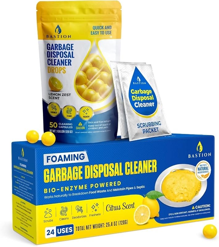 Garbage Disposal Cleaner & Deodorizer Bundle. 1 X 50 Count Pack of Bastion Disposer Balls + 1 X 24-Count Box of Enzyme