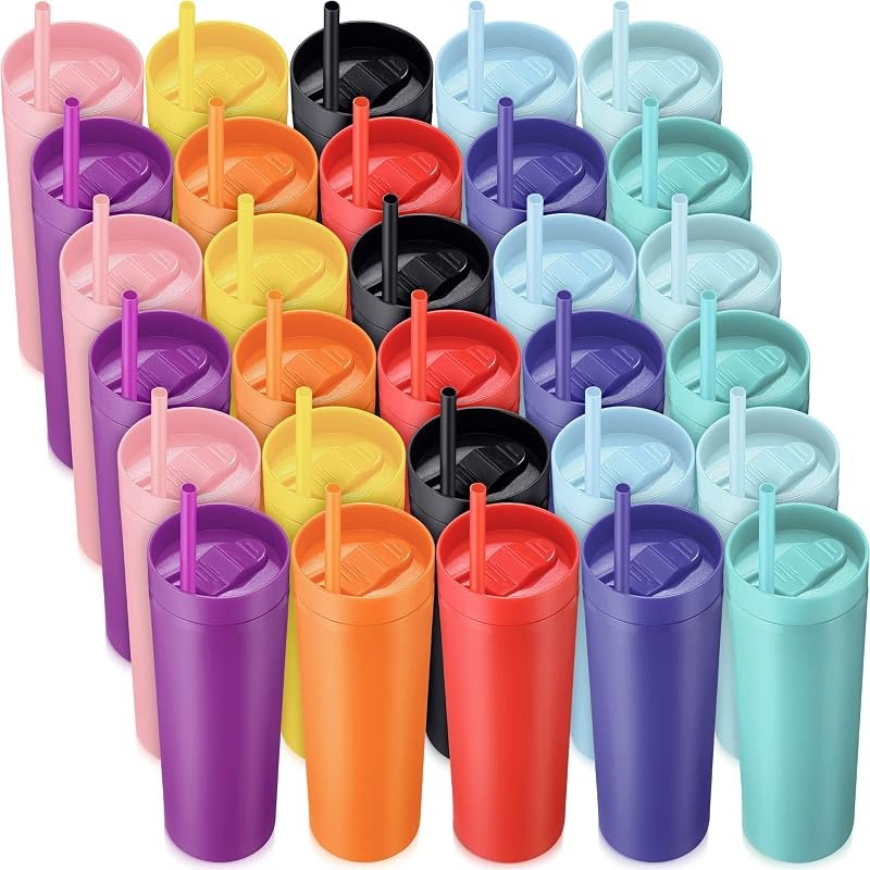 30 Pcs Bulk Skinny Tumblers with Lids and Straws 16 oz Matte Pastel Colored Plastic Mugs Reusable Double Wall Tumbler