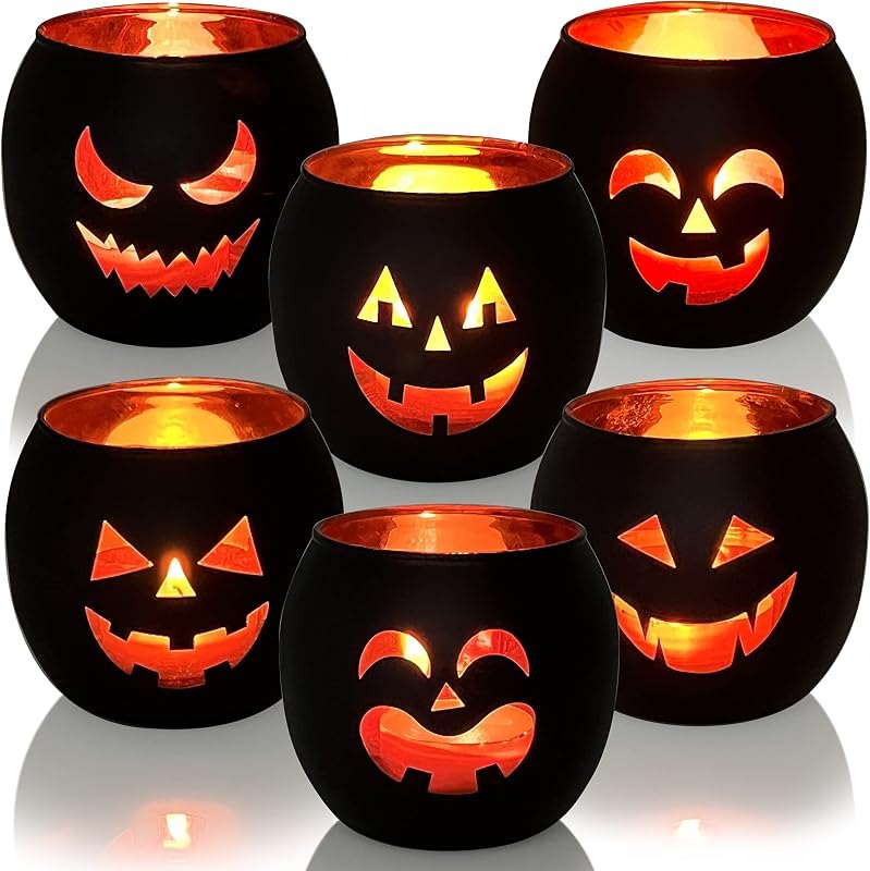 Halloween Table Decor Set of 6, Jack O Lanterns Black Glass Votive Tealight Candle Holders, Halloween Decorations