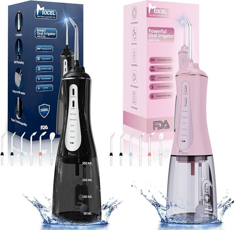 MOCEL Water Dental Flosser Oral Irrigator with 5 Modes, 350ml Cordless Water Teeth Cleaner Pick 6 Tips, IPX7