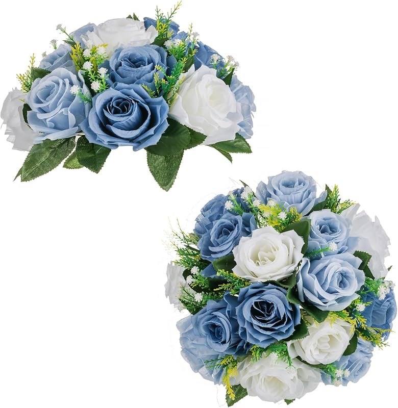 BLOSMON Flower Ball Centerpieces for Table 2 Pcs Fake Rose Centerpiece Flowers Dusty Blue Artificial Silk Floral