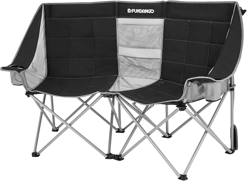 FUNDANGO Oversized Double Camping Chair, 660lbs Heavy Duty 2 Person Folding Padded Loveseat for Adults with Arm Cup