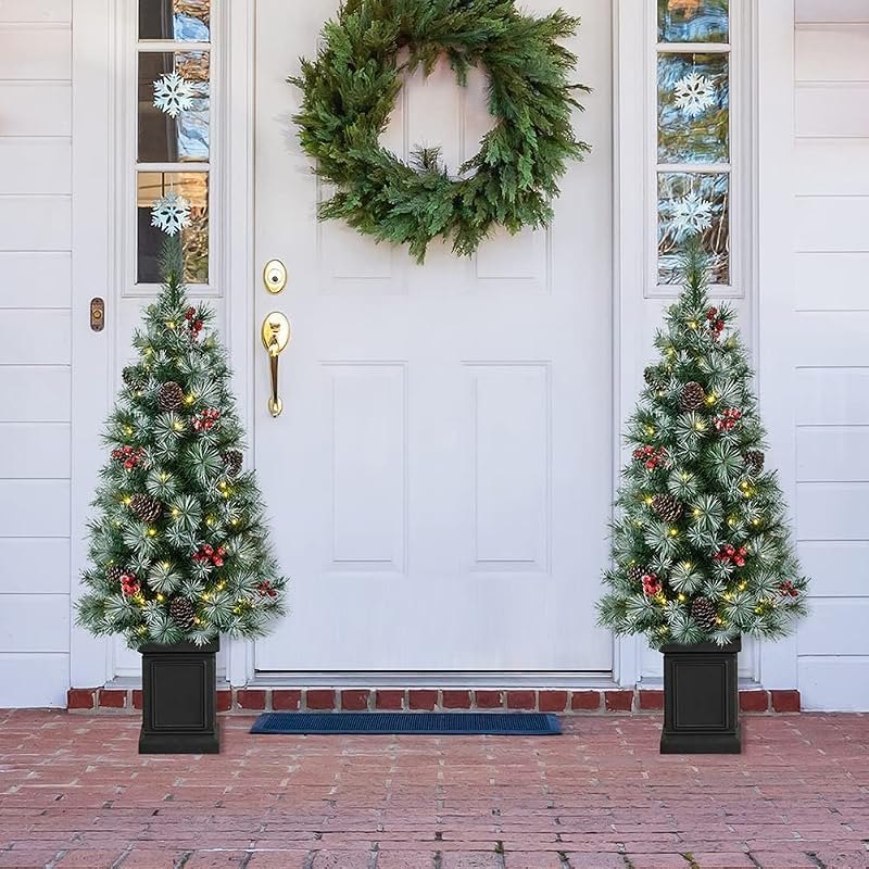 Glitzhome 2 Pack 4ft Pre-Lit Artificial Christmas Tree, Small Christmas Tree with 80 Warm White Lights, Pinecones and