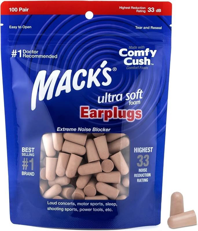 Mack's Ultra Soft Foam Earplugs, 100 Pair Bag - 33dB Highest NRR, Comfortable Ear Plugs for Sleeping, Snoring, Travel