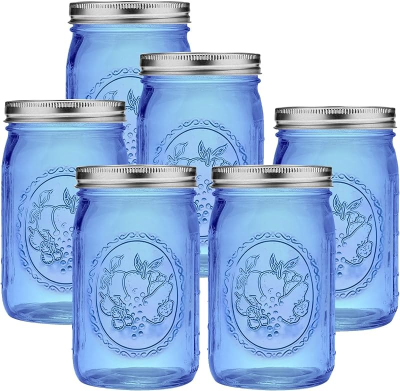 Blue Wide Mouth Mason Jars 32 oz,6 Pack Colored Quart Glass Canning Jars with Airtight Lids for