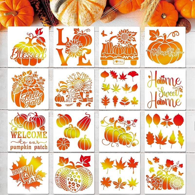 16Pcs Fall Stencils Kit 7.9x7.9 inch, Welcome Autumn Leaf Reusable Stencils Thanksgiving Pumpkin Templates for