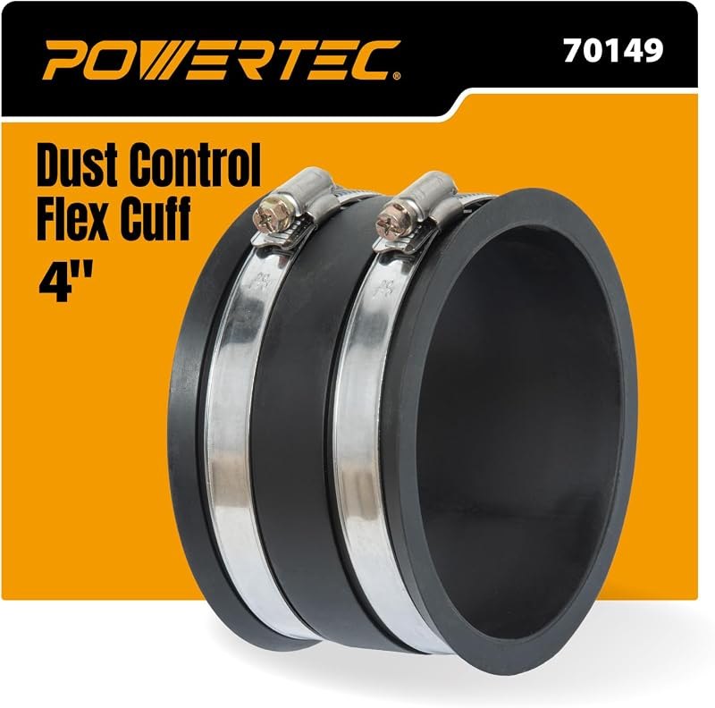 POWERTEC 70149V 4 Inch Dust Control Flex Cuff with Steel Hose Clamps, Hose Connector Rubber Cuff Coupler for