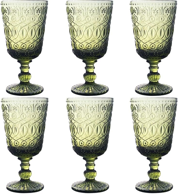Taganov Green Drinking Glasses set of 6 Red Wine Goblets 10 OZ Colored Water Beverage Cup Vintage Glassware for