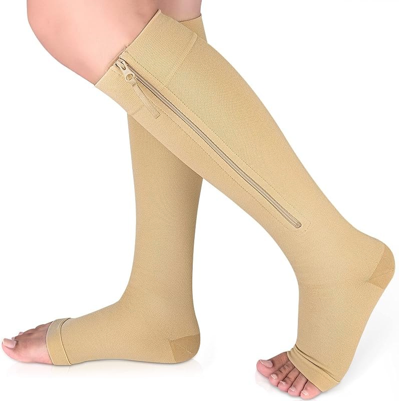 Medical Compression Socks with Zipper, Knee High 15-20 mmHg Compression Socks for Women Men, Open Toe Support Socks