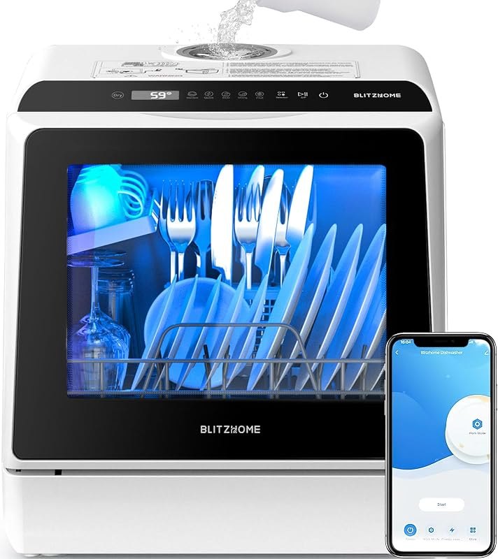 BLITZHOME Portable Dishwasher Countertop, WIFI Smart Dishwasher, Compact Dishwashers with 5L Built-in Water Tank, 6