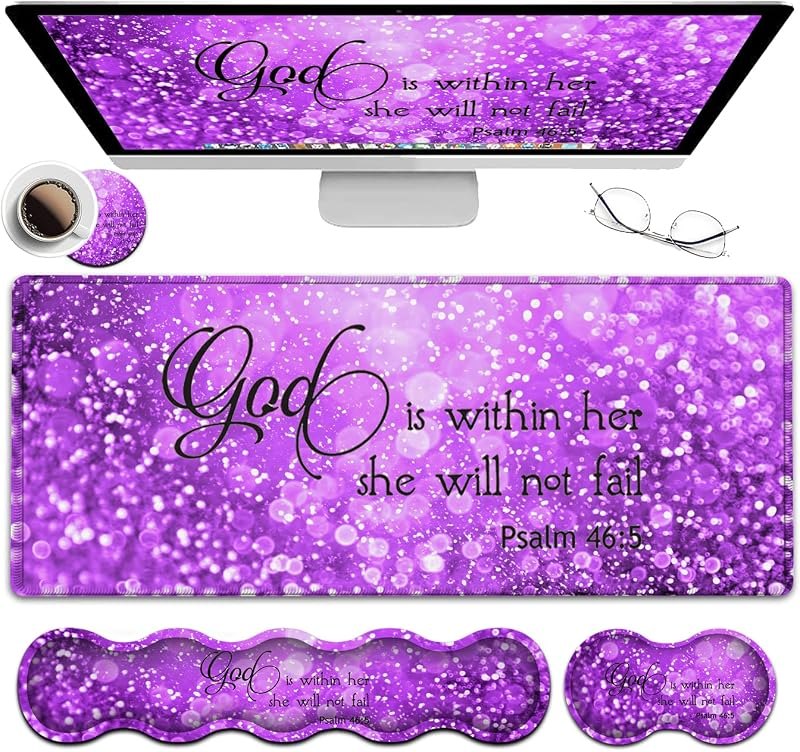 Gaming Mouse Pad XXL Large Desk Mat, Psalm 465 Bible Purple Extended Non-Slip Rubber Mice Pads Stitched