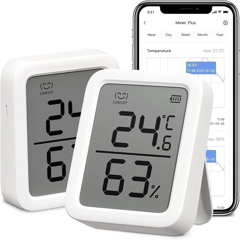 SwitchBot Thermometer Hygrometer, Bluetooth Indoor Humidity Meter and Temperature Sensor with App Control, Large LCD
