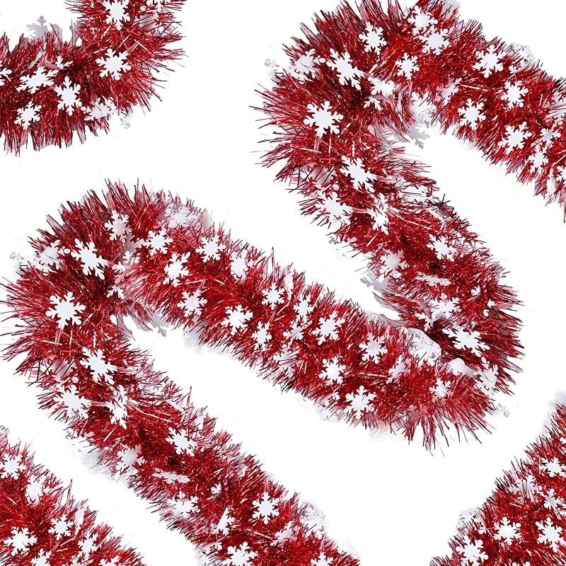 Sggvecsy 32.8Ft Christmas Snowflake Tinsel Garland Xmas Tree Decorations Red Christmas Metallic Twist Garland Ceiling
