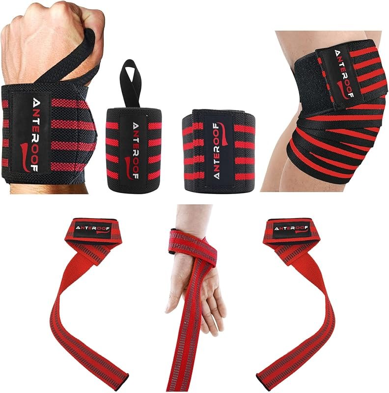 Knee Wraps + Wrist Wraps + Weight Lifting Straps Bundle (3 Pairs) for Weightlifting Bodybuilding Strength Training