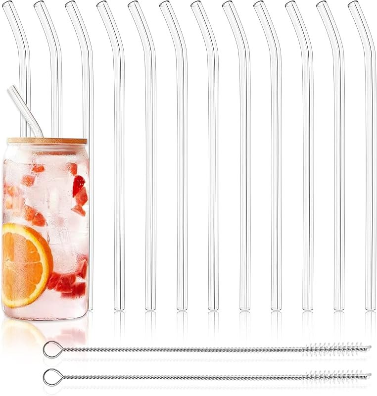 12 Pack Reusable Glass Straws - 8" x 8 MM, Bent Glass Drinking Straws with 2 Cleaning Brushes, Reusable Straws for