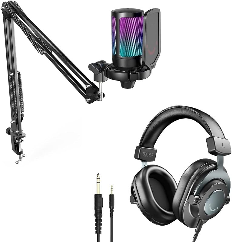 FIFINE A6T+H8 Condenser Mic & Monitoring Headsets Kit for Streaming Gaming — headset mic boom for headset mic boom
