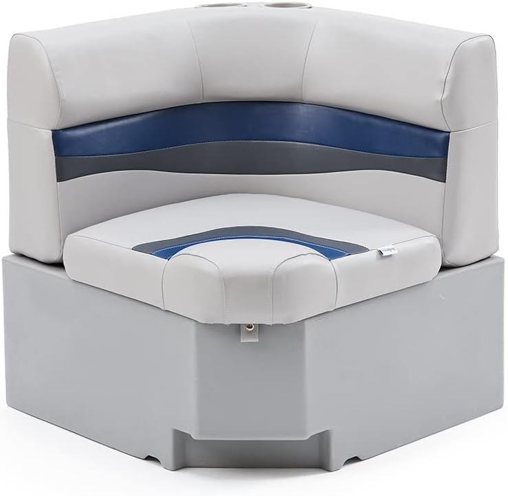 DeckMate Complete 28" Corner Classic Pontoon Boat Seat Bench and Base- Gray, Blue and Charcoal — boat seat cushion for