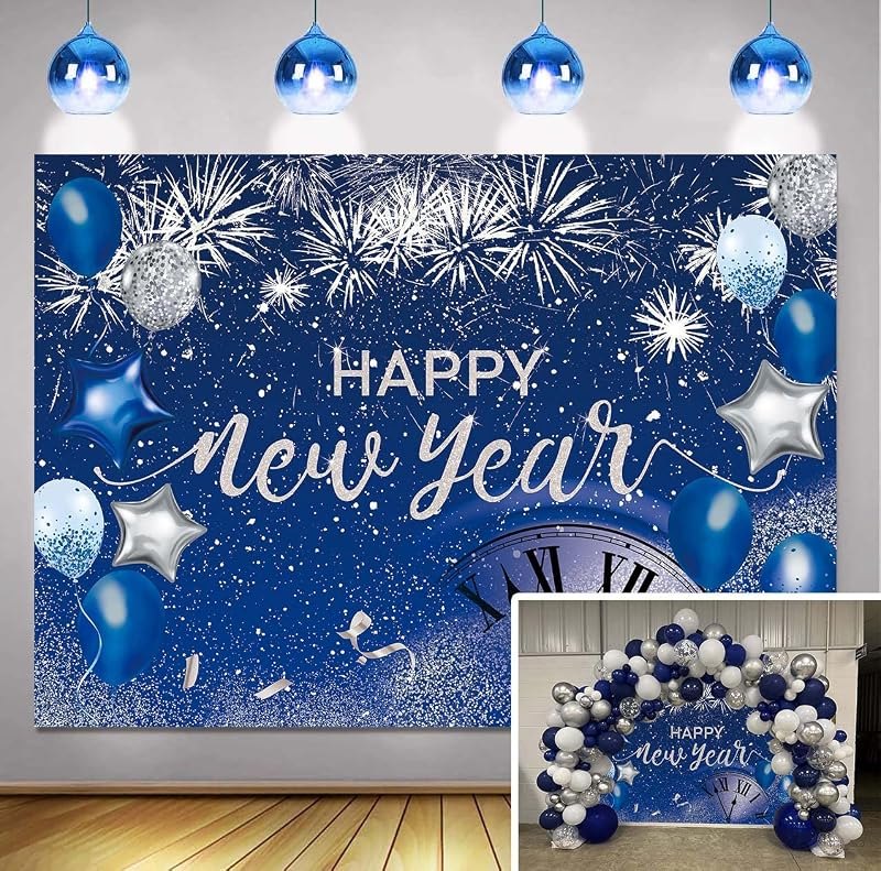 Happy New Year Backdrop 2027 Glitter Blue Fireworks New Years Eve Backdrop — new years eve party decorations for new
