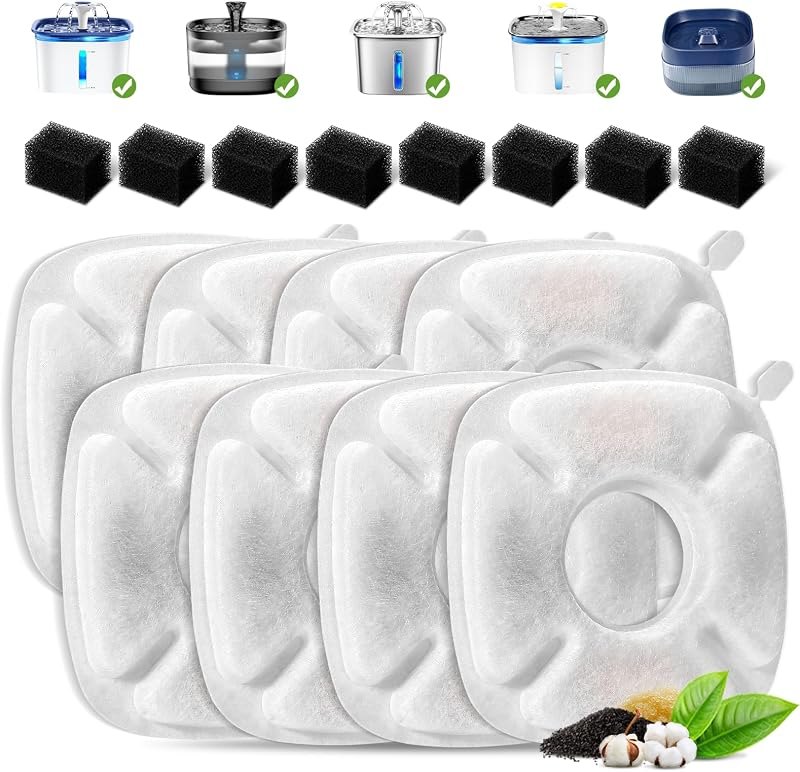 16 Pcs Cat Fountain Replacement Filters:8 Pack Cat Water Fountain Replacement Filters & 8 Pack Pre-Filter Sponges, Pet