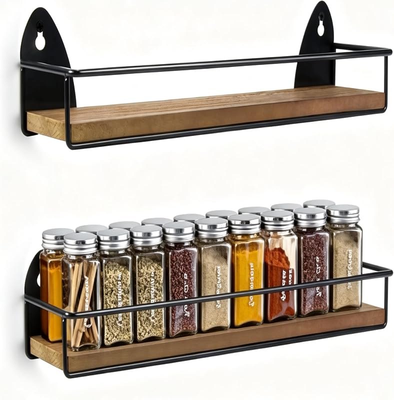 TJ.MOREE 2 Pack Spice Rack Wall Mount Rustic Style Hanging Spice Organizer for Wall, Kitchen Spice Storage,Black —