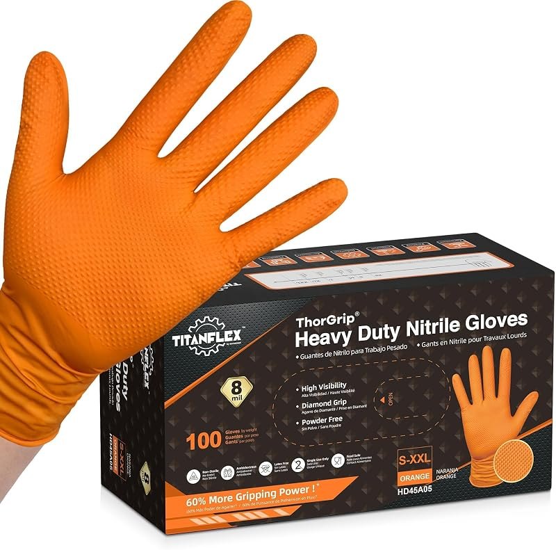 TitanFlex Heavy Duty Industrial Orange Nitrile Gloves, 8-mil, Gloves Disposable Latex Free with Raised Diamond Texture