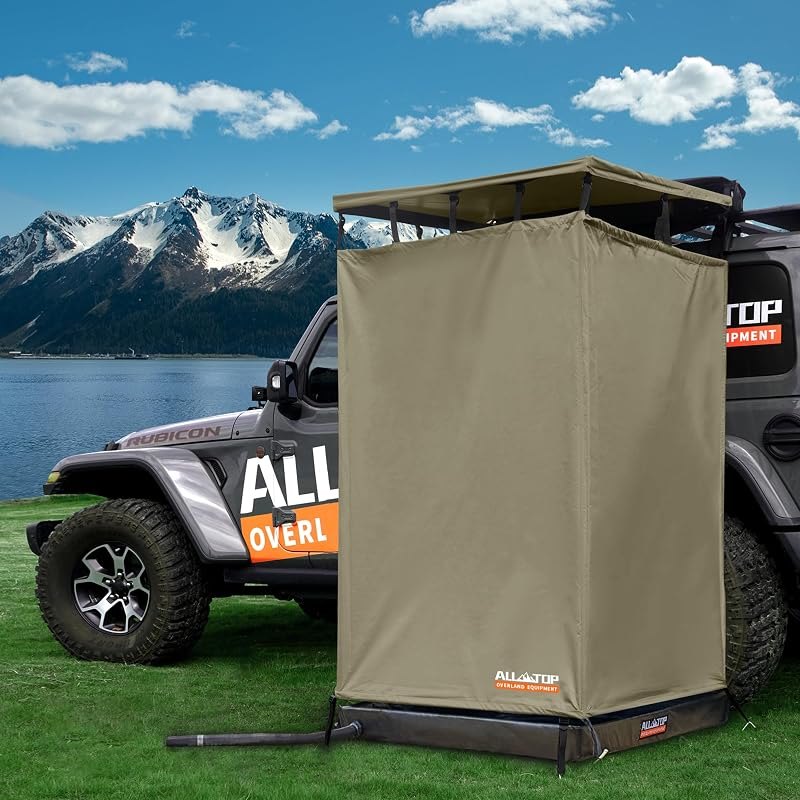 ALL-TOP Awning Shower Room w/Foldable Floor Mat, 3.3ft x 3.3ft, Privacy Shelter Restroom w/Roof, LED Light, Drain