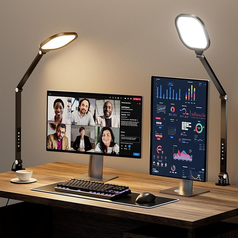 LitONES 2 Packs Led Desk Lamps for Home Office, 1200LM Dimmable Clamp-on Desktop Light, Adjustable Swing Arm Ring