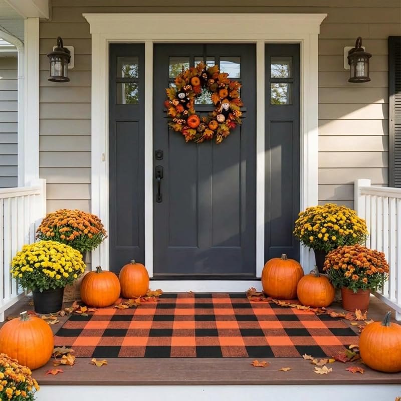 SEEKSEE Halloween Decor Buffalo Plaid Outdoor Rug 3' x 5' Orange and Black Front Door Mat, Layering Rug for Porch
