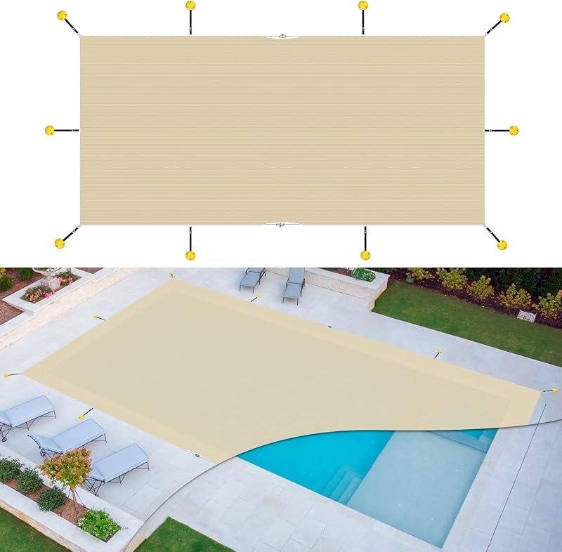 Windscreen4less 16'x36' Inground Pool Cover Rectangle Winter Mesh Safety Swimming Pool Cover with Wire Cable (Beige) —