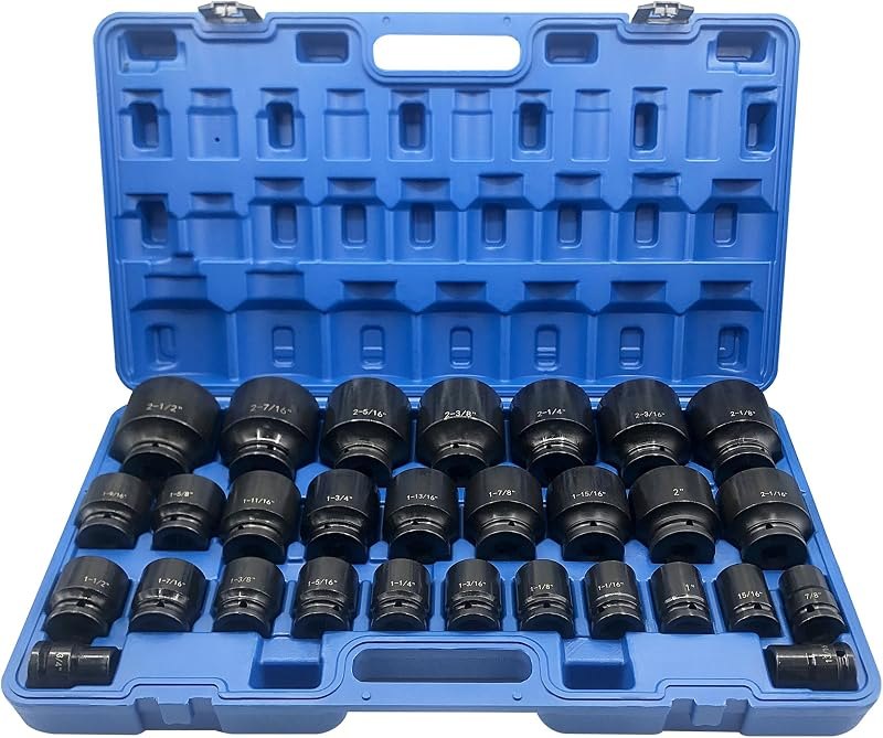 MacWork 29 Pieces 3/4" Drive Impact Socket Set, Standard, SAE 3/4" to 2-1/2", CR-V Alloy Steel, 6-Point Hex Radius