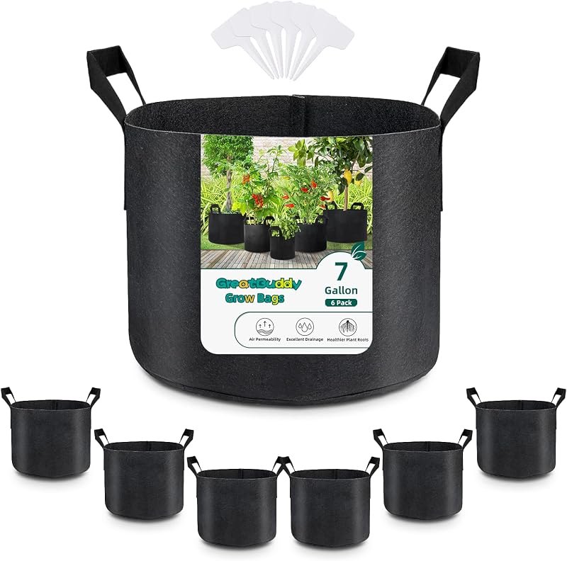 GreatBuddy Grow Bags 7 Gallon 6-Pack, Heavy Duty Fabric Grow Bags with Handles for Vegetables, Herbs, and Tomatoes