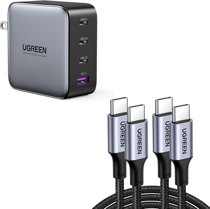 UGREEN 100W USB-C Charger Bundle with 2-Pack USB-C Cables, Compatible with MacBook Pro/Air, iPad, iPhone 15 Pro