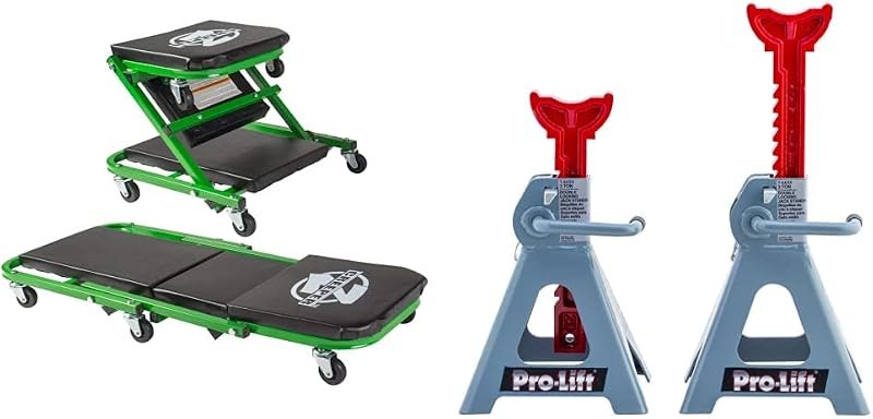 Pro-LifT T-6903D Double Pin Jack Stands - 3 Ton C-2036DG Black/Green 300 Lbs Mechanic Creeper - Garage Equipment for