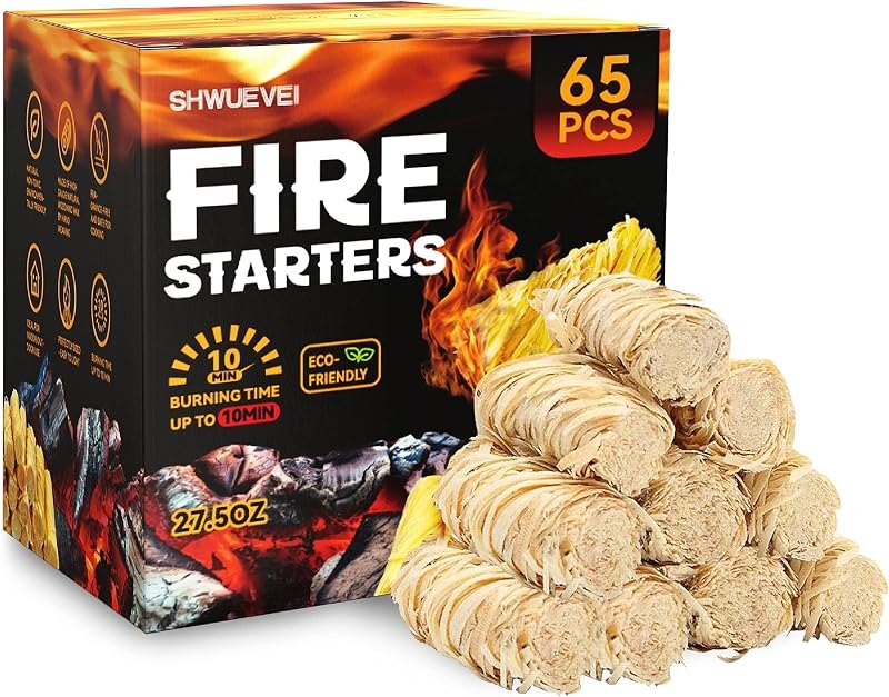 Shwuevei 65 pcs Fire Starter - Natural Fire Starters for Fireplace, Pellet Stove & Wood, Fire Pit, Smoker, BBQ