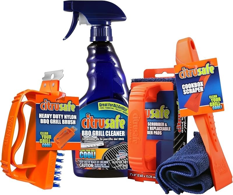 Citrusafe Complete Grill Cleaning Kit - Grill Cleaner Spray (16oz), Scrubber 3 Pack, Nylon Brush, Cookbox Scraper and