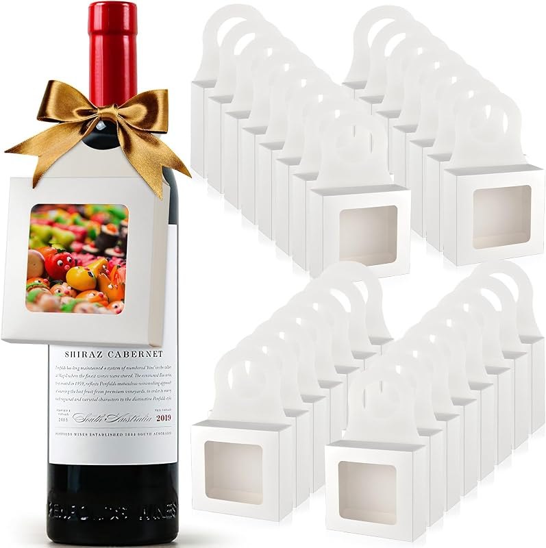 Mototo 30 PCS Kraft Paper Wine Bottle Boxes with Transparent Window Hanger Foldable Wine Bottle Empty Gift Boxes with