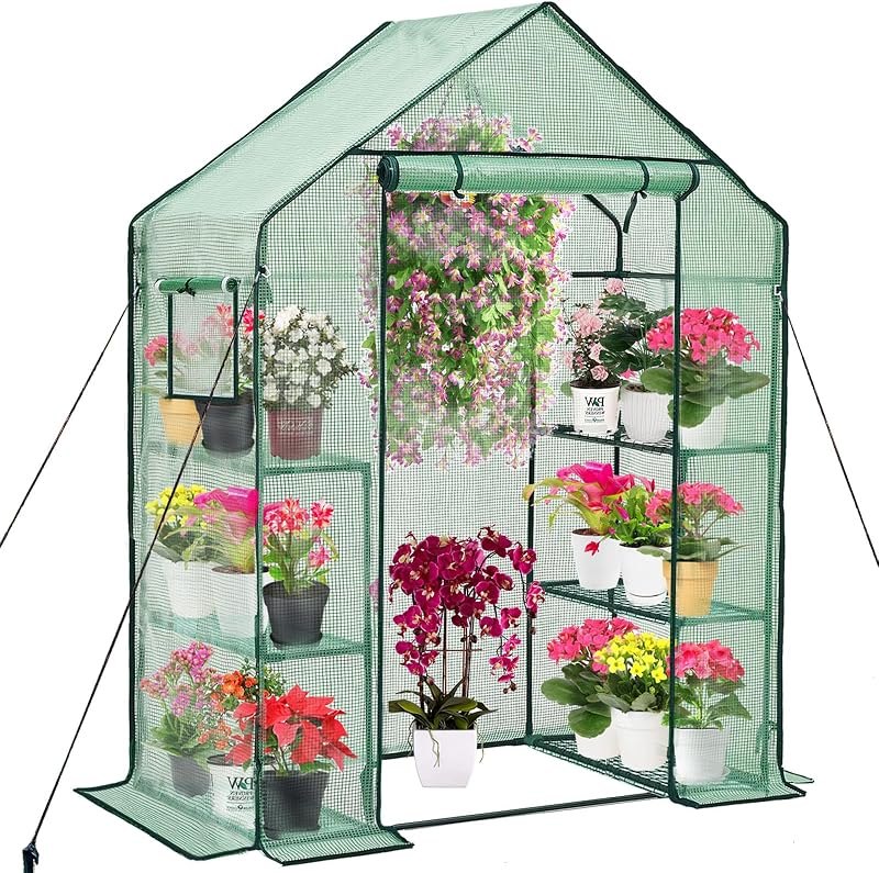 Purlyu Walk-in Greenhouse for Outdoors w/ Mesh Side Windows, 3 Tiers 6 Shelves PE Cover Green House Portable Warm