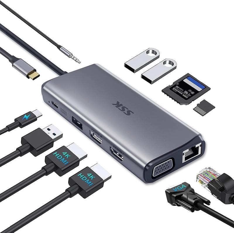 SSK Laptop USB C Docking Station Dual Monitor,HDMI 4K/60Hz Multiport Adapter 11 in 1 USB C Hub, Thunderbolt Dock